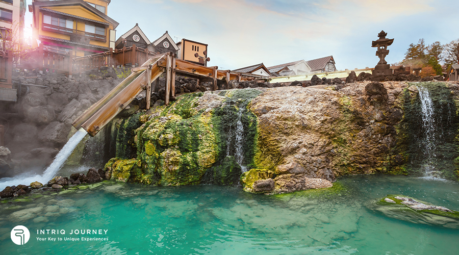 Onsen bath in a scenic landscape